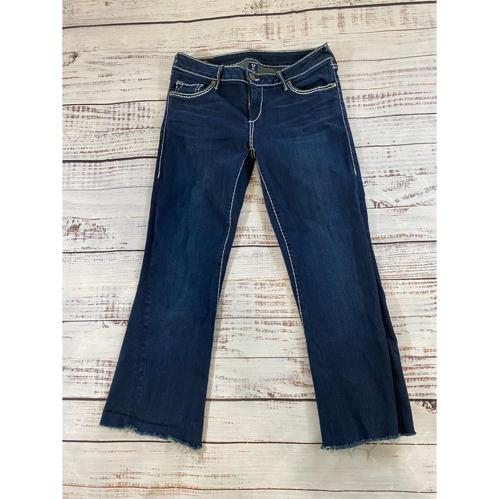 True Religion Blue Flare Jeans Women's 29 Denim Cotton Zip Fly Frayed Low Rise